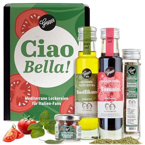 Gepp’s Feinkost Geschenkset Italien | Geschenbox mit italienischen Delikatessen wie Bio-Olivenöl Basilikum, Bruschetta-Dip, italienisches Gewürz | Feines Gourmet-Geschenk für Männer & Frauen