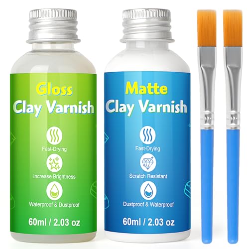 2 x 60ml Air Dry Clay Glaze, Glanz- und Mattlack Set für Lufttrocknenden Ton, Hochglanz & Kratzfest & Wasserfest, Glasur Gloss & Matt Varnish, Klarlack für Keramik und Acrylfarbe, Ideal für Modellierm