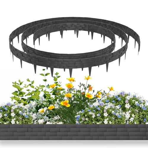 NAIZY Rasenkante Kunstoff 5 m Beeteinfassung Steinimitatziegel, Beeteinfassung mit Stifte Mähkante biegbarer schneibar Natürlich Gartenpalisade 100x20cm/Stück Beetzaun, Anthrazit