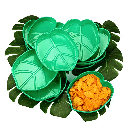 12 Sets Snack Tablett 12 Stück Palmblatt Hawaii Stil Wiederverwendbar Essen Tablett mit Tropisch Nachahmung Grün Pflanzenblätter, Kekse Chips, Süßigkeit Soße, für Insel Party Dekor, 8,3 x 7 Zoll