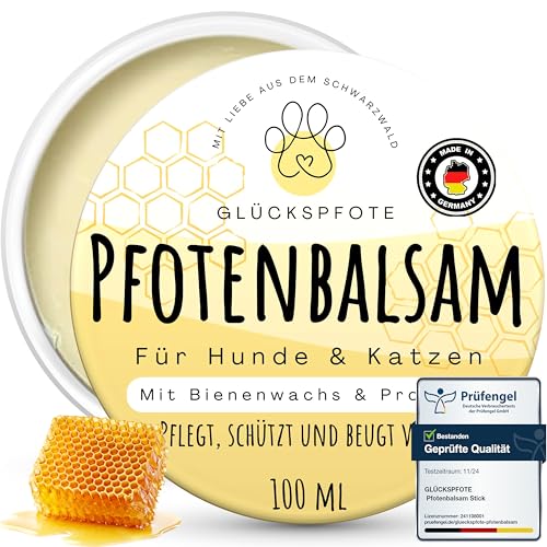 GLÜCKSPFOTE® Pfotenbalsam 100ml für Hund Katze [Testsieger] | Verbesserte Rezeptur - mehr Bienenwachs - gegen trockene rissige Pfoten | Pfotenpflege als Pfotenschutz f. Sommer Winter f. Hunde Katzen