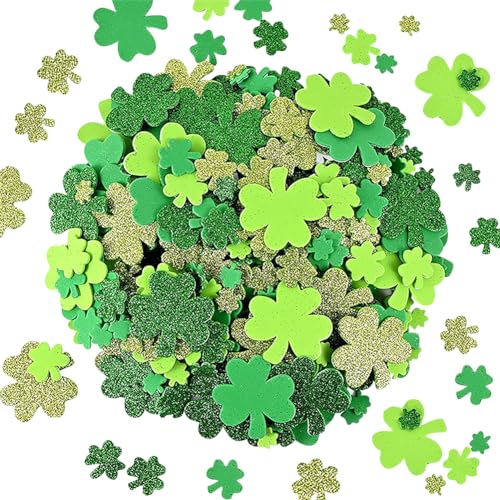 200 Stück St. Patrick's Day Kleeblatt Schaumstoff-Aufkleber, selbstklebend, Basteln, Kleeblatt, bunte Glitzer-Schaumstoff-Aufkleber, Glücksklee-Schaumstoff-Aufkleber, dekorative Scrapbooking-Aufkleber