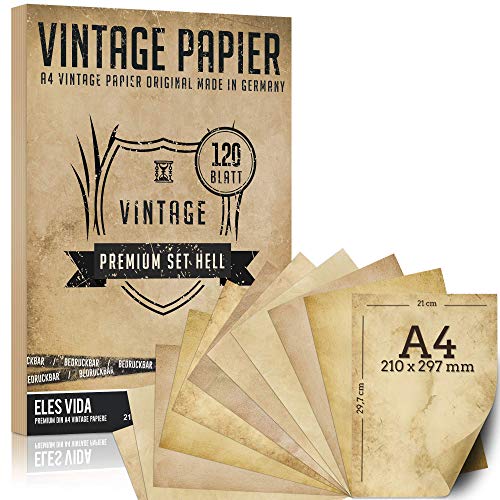 120 Blatt Altes Papier, Vintage DIN A4 bedruckbar - Urkunden Schatzkarten, Briefpapier - Bastel für Karten,Hochzeit, Adel Geschenke, Nostalgie Geburtstag Ritter und Piraten - DEUTSCHE PRODUKTION