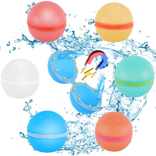 6 Stück Wasserbomben Wiederverwendbar mit Mesh Bag – Magnet Selbstschließend, Wiederverwendbare Wasserballoons Schnellfüller für Wasserschlachten, Pool, Strand & Familienaktivitäten