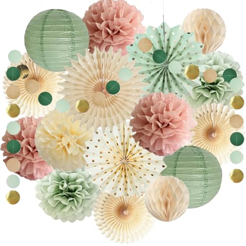 Party Deko Salbeigrün Rosa Geburtstagsdeko Beige Rosa Seidenpapier Pompoms Papierfächer Papierlaterne Salbeigrün Papier Girlande für Neutral Babyparty Brautparty Hochzeit Party Dekoration