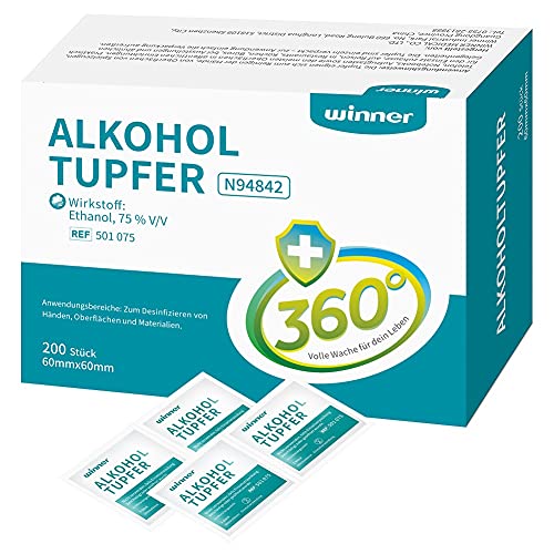 Winner Medical 200 Stück 75% Ethanol Alkoholtupfer,4-lagige quadratische Wattepads, gut getränkt mit Alkohol,sterile Alcohol pads Tupfer Alkohol (6 x 6cm).