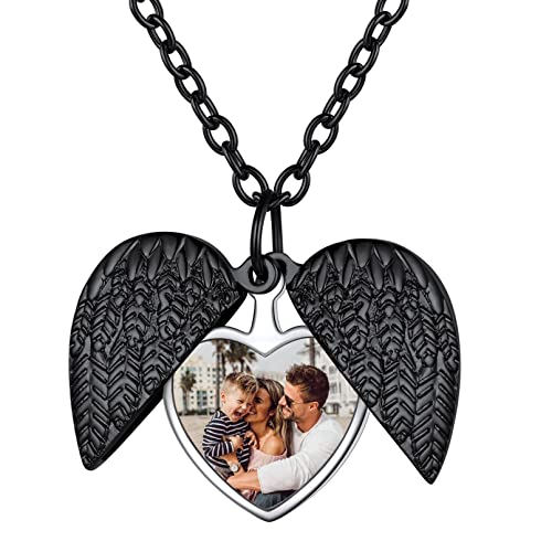 Custom4U Kupfer Herz Engelsflügel Medaillon für Damen Frauen Personalisierte Schutzengel Flügel Medaillon zum Öffnen für Bilder mit Gravur Schwarz Memorial Foto Halskette Locket Amulett