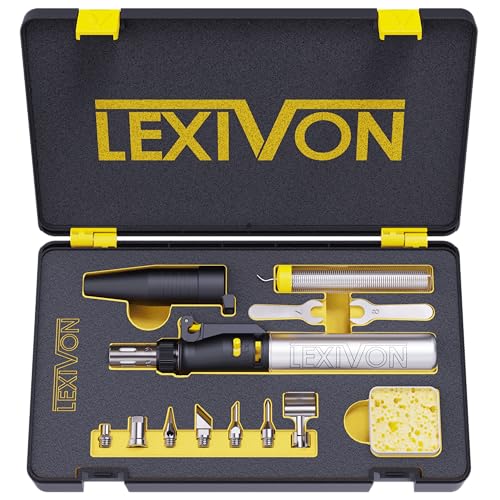 LEXIVON Butan Lötkolben Kit | Kabellos Gas löt, Selbstentzündende einstellbare Flamme, 7 Aufsätze Set, Arbeitstemperatur bis 1300°C, und bis zu 600°C ein während Sie mit Lötspitzen arbeiten (LX-770)