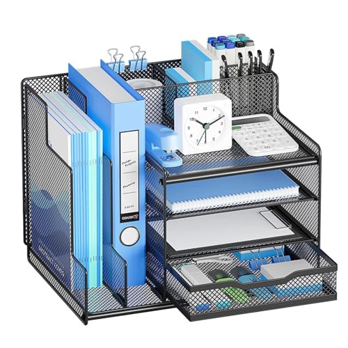 sanheshun Schreibtisch Organizer,Vier Ebenen Von Desktop-Ordnern, A4-Papier-Organizer,Aufbewahrungskorb Mit Ausziehbarer Schublade und Stifthalter Für Kleinteile,Geeignet Für Büros und Wohnungen