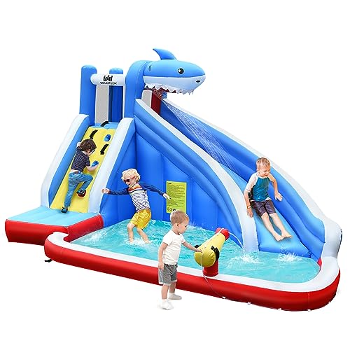 COSTWAY Hüpfburg Wasserrutsche Spielpool Aufblasbare, Wasserspielcenter mit Rutsche, Wasserpark aufblasbar, Planschbecken 390x305x240cm