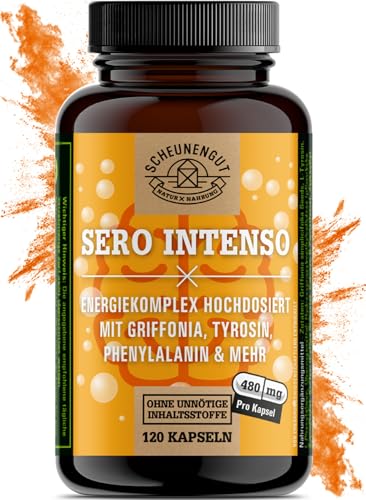 SERO INTENSO® Energie-Motivation-Fokus Kapseln -WICHTIG: Laborgeprüfte +Natürliche Wirkung (keine Chemie) mit Griffonia, L-Thyrosin, Chrom, Phenylalanin, Vitamin B12 I SCHEUNENGUT®