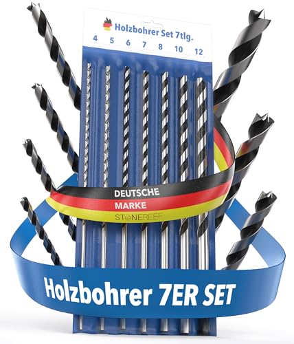 STONE REEF Holzbohrer Set lang Profi - [7-teilig inkl. Tasche] - Schlangenbohrer Ø 4mm, 5mm, 6mm, 7mm, 8mm, 10mm, 12mm x 230mm, lange Schalungsbohrer, Balkenbohrer, langer Holzspiralbohrer, Langbohrer