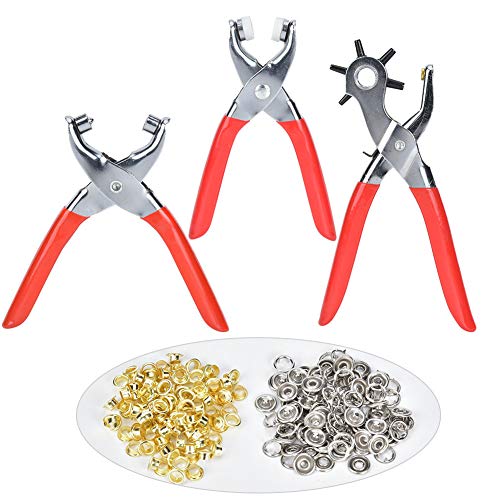 Liuyoyo Lochzange, Locher, Ösenzange, Ösenloch, Multifunktionaler Gürtelstanzer, Lederlocher, Ösenzange, Ösenwerkzeug(Lochzangen-Set mit rotem Griff, 3-teilig)