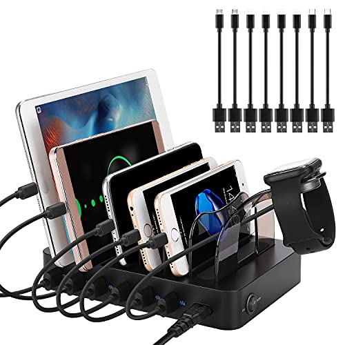 PRITEK Ladestation mit 5V/3A Schnelllade USB Port und 5V/2.4A Smart Ai USB Ports, 60W/12A 6 Port USB Ladestation mit 8pcs Kurze USB Kabel Kompatibel mit Mehreren USB Geräten (Schwarz)