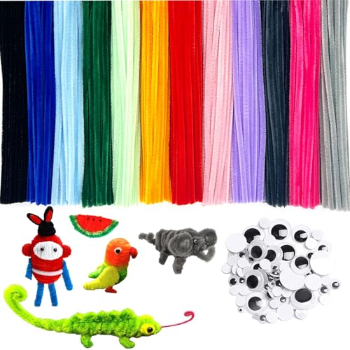 Barlone 100 Stück Pfeifenreiniger, 12 Farbe Pfeifenputzer zum Basteln Lang 30cm mit 56 Wackelaugen Selbstklebend, Pfeifenreiniger zum Basteln für DIY Handwerksprojekte, Biegeplüsch Kunst Pipe Cleaner