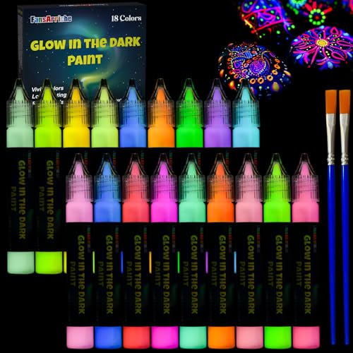 FansArriche Nachtleuchtende Farben 18×20 ml, Glow in The Dark Farbe, 3D Wasserfest Textilfarbe Farbe, Fluoreszierende Farbe, DIY Leuchtet im Dunkeln Stofffarben Klebestift für Kindermalerei