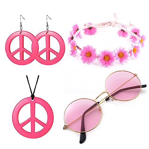 Hippie Kostüm Set, 5 Stück 60er 70er Kostüm Zubehör,Retro Vintage Brille Friedenszeichen Halskette Sonnenblume Krone Haarband, Hippie-Party-Zubehör, Hippie Accessoires Costume für Damen und Herren