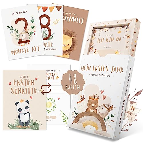 EULENTALER® Meilensteinkarten Baby I Boho Stil I Von Pädagogen & Eltern gestaltet I Meilenstein Karten Set als Geschenk zur Geburt & Babyparty I 48 Karten Inkl. Geschenkbox für Jungen & Mädchen