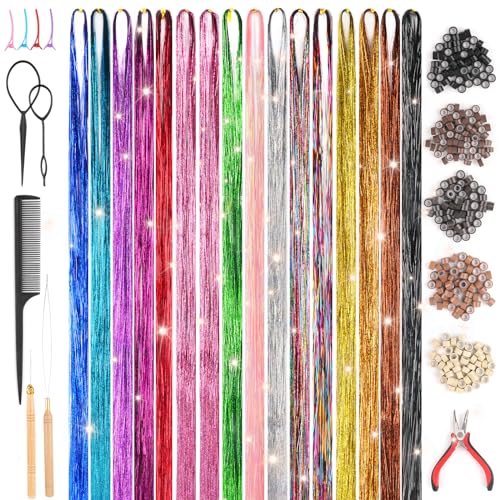 3200 Hair Tinsel,48 Inches Haar Lametta mit Werkzeug,16 Farben Glitzer Haarsträhnen zum Flechten Haar Lametta,Sparkle Tinsel Hair Extensions für Frauen Mädchen Kinder Cosplay Party Zubehör