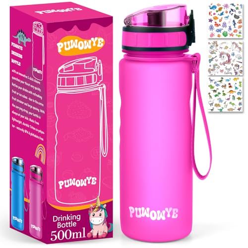 PUWOWYE Trinkflasche Kinder Auslaufsicher, 500ml Sport Trinkflasche Schule für Wandern & Fitnessstudio, Trinkflasche Kohlensäure Geeignet Kinder, Trinkflasche mit Fruchteinsatz, BPA-Frei, Rosa