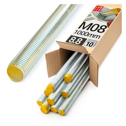 Lun Fix Gewindestange M8 x 1000 mm 10 Stück Festigkeitsklasse 8.8 DIN 975 verzinkter Stahl, Karbonstahl Gewindestab mit metrischem Vollgewinde Metrisch Gewindestift nach Normen 60° Länge 1 m.