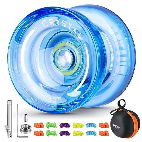 Reaktionsfähiges JoJo für Kinder K2 Crystal Blue, Kunststoff JoJo, professionelles Yoyo mit Nicht reagierendem Lager, Trick Yoyo für Erwachsene, mit Lagerentferner, Tasche, 12 Yo-Yo-Schnüre (Blau)