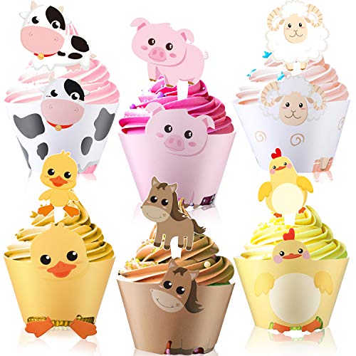 60 Stücke Farm Tier Cupcake Verpackung und Topper für Bauernhof Thema Party - Cupcake Verpackung Topper Farm Tier Geburtstag Party Dekoration Baby Dusche Lieferung