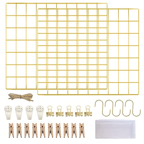 LOYONAL Deko Wandgitter Gold - Metall Fotogitter - Pinnwand Gitter Fotowand Metallgitter - Gitterwand Foto Gitter - 2er Pack Grid Wall