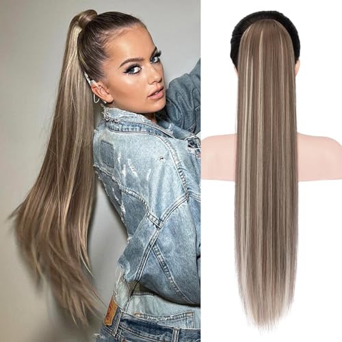 REECHO Pferdeschwanzverlängerung, 28" lange gerade Kordelzug Pony Haarverlängerung Synthetischer Pferdeschwanz Haarteil für Frauen - Aschbraun mit Highlights