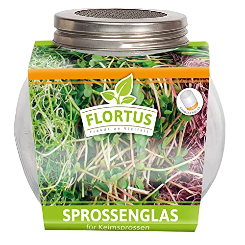 FLORTUS – Sprossenglas mit rostfreiem Edelstahlgitter 425ml – Keimglas zum Sprossen ziehen – Sprossen Anzuchtset für schmackhafte und frische Keimsprossen (11 x 7 x 10 cm)