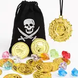 COLOFALLA Piraten Schatz Piraten Goldmünzen Set Goldmünzen Piratenschatz 10 Stücke Goldmünzen 10 Stücke Acryl Diamanten 1 Stück Golden Medaillen zum Piratenspiel für Kindergeburtstag Piraten Deko