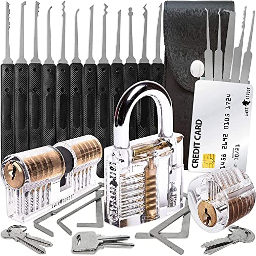 30-teiliges Lockpicking Set mit 3 Transparenten Übungsschlössern + Dietrich-Set in Kreditkartengröße von LockCowboy + Anleitung zum Schlossöffnen für Anfänger und Profis, Dietrich Set