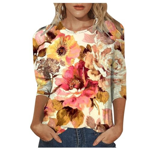 Damen Shirt 3/4 Arm Elegant - Damen T Shirt mit 3/4 Ärmeln Pailletten Aufdruck rundem Ausschnitt Shirt Damen 3/4 Arm