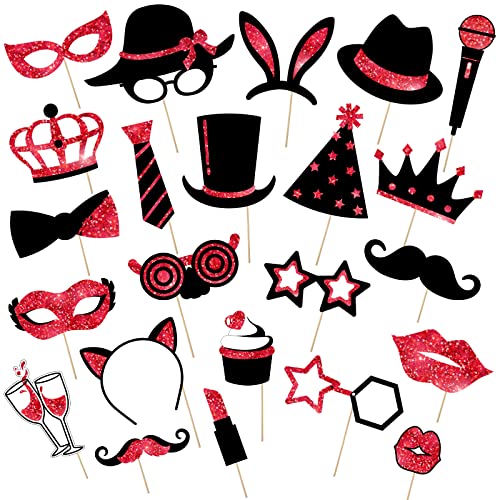 24 Stück Party Fotoautomat Requisiten Mischung Silvester Foto Booth Props Neujahr Weihnachten Party Zubehör von Hut Weinglas Lippenstift Krawatte Kronen für Geburtstag (Rot und Schwarz)