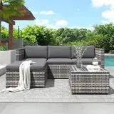 Polyrattan Lounge-Sofagarnitur, Lounge-Gartenmöbel, Ecksofa, Couchgarnitur mit Sitz- und Rückenkissen, Lounge-Tisch mit Glasplatte (Grau)