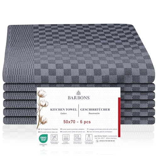 BARBONS 6er Geschirrtücher Baumwolle 50x70 cm - 240 g/m² 85 g Grubentücher Küchentücher Geschirrhandtücher Küchenhandtücher Geschirrtuch Geschirrhandtuch Trockentücher (6er Schwarz-Anthrazit)