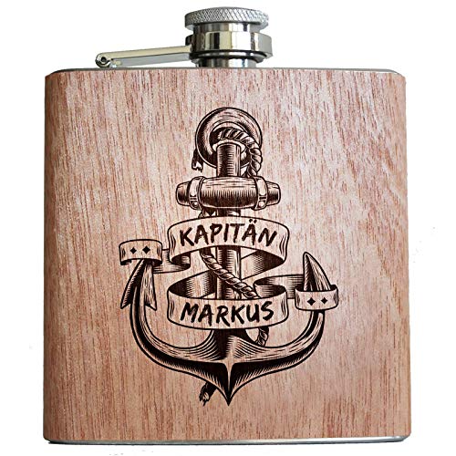 Pixelstudio Anker Holz Flachmann mit persönlicher Namens Gravur und Widmung! Geschenk Idee Segler Männer Frauen Kapitän Boot & Segeln