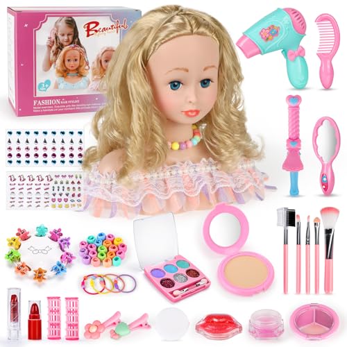 BuzzoXerex Frisierkopf Kinder Set, 58 Stück Schminkkopf für Mädchen Waschbar, Puppenkopf Zum Frisieren Kinder mit Haarzubehör und Kosmetik Geburtstags Weihnachten Geschenke für 3 ab Jahren (Rosa)