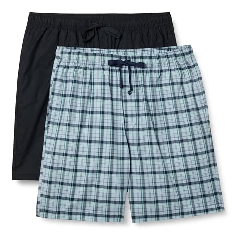 Amazon Essentials Herren Schlafanzug-Shorts aus Baumwollpopeline, 2er-Pack, Karomuster/Schwarz, XL