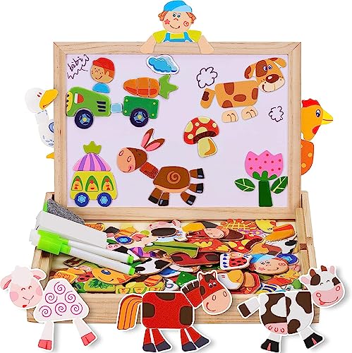 COOLJOY 100+ PCS Holz-Magnetpuzzle, Bauernhof-Muster-Spiele, doppelseitige Holzpuzzle, pädagogisches Zeichentafel-Holzspielzeug für Kinder, Jungen, Mädchen im Alter von 3 4 5 Jahren