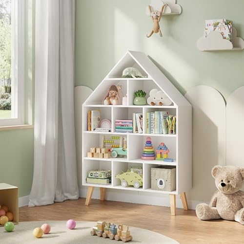 WOLTU Kinder Bücherregal Standregal Hausform Regal Kinderregal Aufbewahrungsregal für Kinder Kinderzimmerregal mit 5 Ebenen Spielzeug-Organizer Spielzeugregal, Weiß, KR010