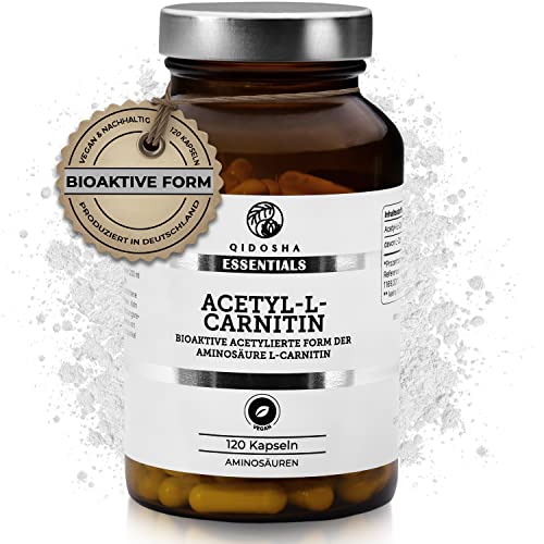 QIDOSHA® Acetyl L Carnitin Kapseln bioaktiv, erhöhte Bioverfügbarkeit, 120 Kapseln/Glas, Acetyl L Carnitin 500mg vegan, bioaktive acetylierte Form der Aminosäure L-Carnitin, in Deutschland produziert