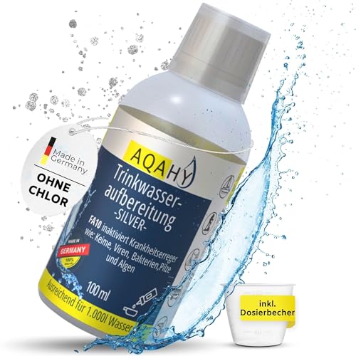 AQAHY Trinkwasseraufbereitung Silver ohne Chlor - (100 ml) für 1000 l Wasser - Inaktiviert Keime, Viren und Bakterien - Silberionen für sicheres Trinkwasser | Camping, Wohnmobil, Outdoo