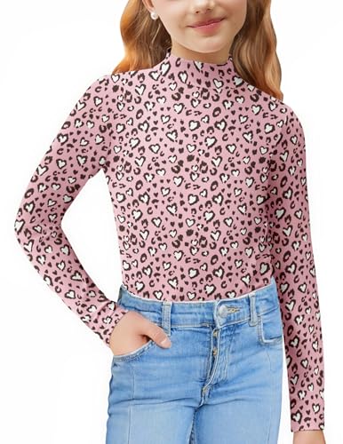 Arshiner Langarmshirt Mädchen Halber Rollkragen Shirt Kinder Leopardenmuster Oberteile Mode Slim Fit Tops Casual Rollkragenpullove 9-10 Jahre