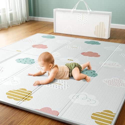 Lertantri Spielmatte Baby Faltbar, 150x180cm Krabbeldecke für Baby, Anti-Rutsch mit Kantenverstärkung, Wasserdicht, Zusammenklappbar mit Tragetasche, Teppich für Babys, Cloud