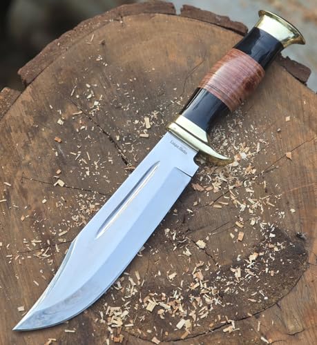 Messer 12 Zoll, 1095 Kohlenstoffstahl, hochpolierter Stahl, scharfe Klinge, Blood Groove, massiver Micarta-Griff, Lederscheide, Jagd, Camping, Outdoor (ET-Schwarz)