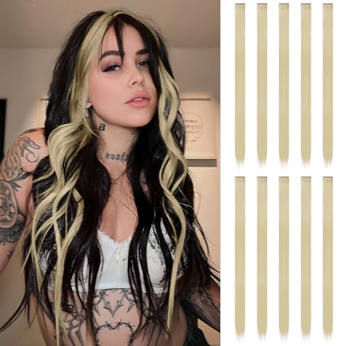 FESHFEN Farbige Haarverlängerung, 10 PCS Aschblond Haarteil für Damen Synthetik Party Highlight Bunte Glatte Haarverlängerungen Clip in Haarteil für Frauen, 55cm