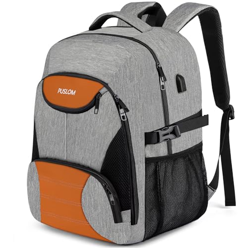 PUSLOM Großer Rucksack Herren Wasserdicht 17.3 Zoll Laptoptasche Arbeit Laptop Rucksack mit USB Ladeanschluss Anti Diebstahl Business Reisen Schulrucksack für Männer Frauen Jungen Teenager Grau