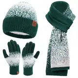 Damen Winter Warm Mütze Touchscreen Handschuhe und Lang Schal Set mit Fleece Gefütterte, Thermo Wintermütze Strickmütze Beanie Winterhandschuhe Strickhandschuhe Schals, Dunkelgrün Weiß