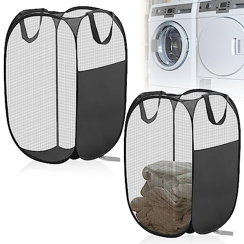 Delamiya Groß Netz-Wäschekorb Faltbar, Pop-up Faltbarer Wäschekorb, Zusammenklappbarer Laundry Baskets Faltbarer Stoffkorb mit Mesh, Wäschekorb mit Griffen für Kinderzimmer, Studentenwohnheim (2 Pack)